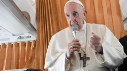 Pope Francis speaks during an in-flight press conference from Slovakia, Sept. 15, 2021. Vatican Media.